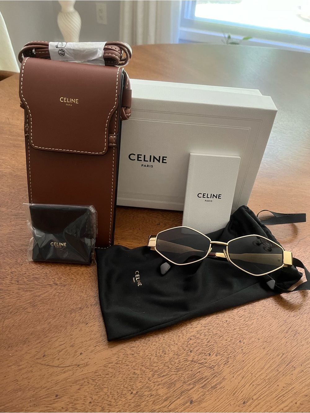 Celine Gold Frame Triomphe Sunglasses with Brown Leather Crossbody Case